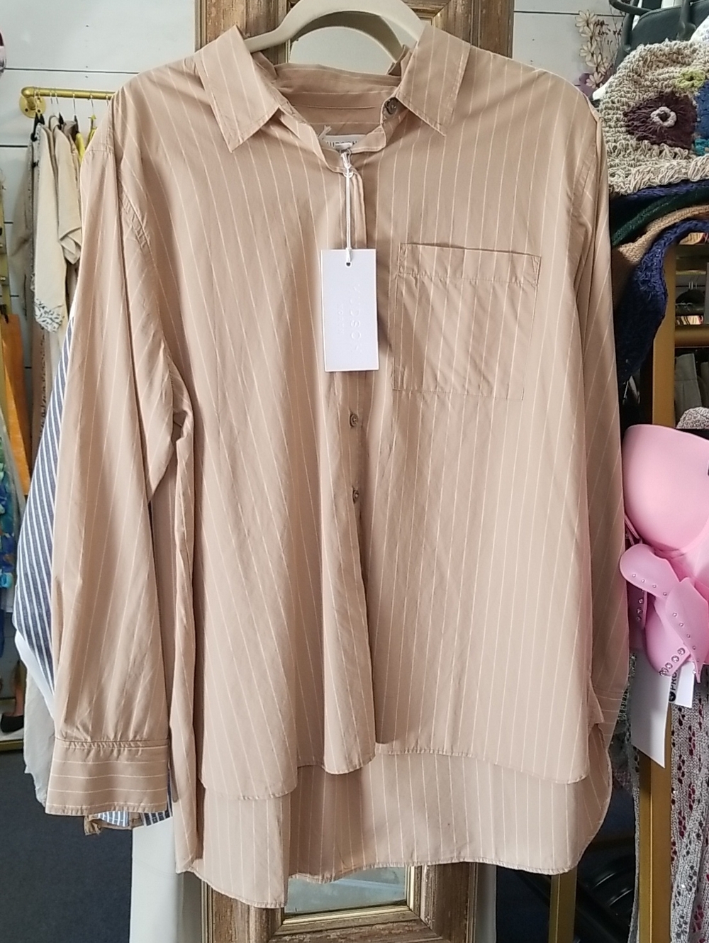 Hudson Jeans Beige Pinstripe Button-Up Blouse